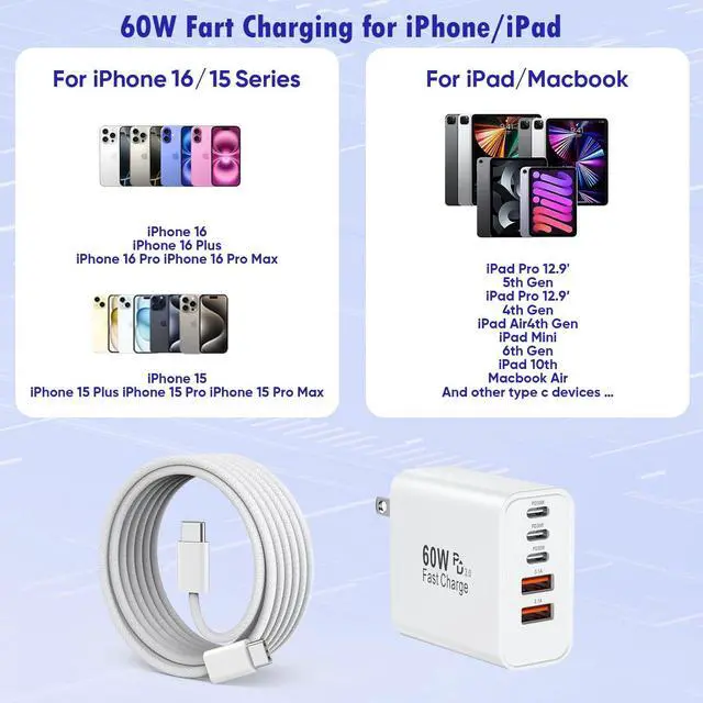 Alt view image 3 of 5 - iPhone 16 Fast Charger Block, 2 Pack 60W USB Charging Block 5-Port Charge Adapter for Apple iPhone Charger with 6FT USB C Woven Fast Charging Cable for iPhone16/16e/16 Pro/15Pro Max, iPad Pro/Air/Mini