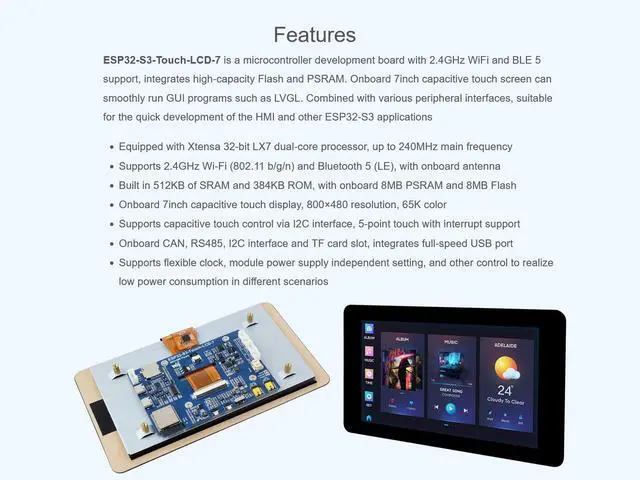 Alt view image 3 of 5 - Waveshare ESP32-S3 7inch Touch Display Development Board, ESP32-S3 with 7inch LCD 800480 5-Point Touch Screen 65K RGB Display, Wi-Fi & Bluetooth 5, 8MB PSRAM and 8MB Flash