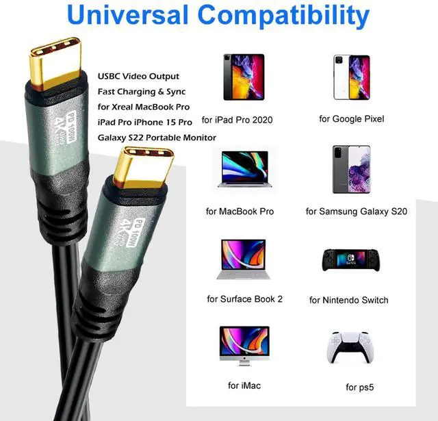 Alt view image 4 of 5 - YOTETION Type C to C 40FT Cable, 4K@60Hz 100W Fast Charging - Aluminum Case for High-Speed Data Transfer for Xreal MacBook Pro iPad Pro iPhone 15 Pro Galaxy S22 Portable Monitor
