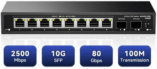 Main image of 10 Port 2.5Gb Unmanaged Ethernet Switch with 8* 2.5G Base-T Ports, 2*10G SFP Ports, AUMOX PRO 80 Gbps Vlan Switching Capacity Compatible with 100/1000/2500Mbps Plug and Play