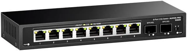 Alt view image 2 of 5 - 10 Port 2.5Gb Unmanaged Ethernet Switch with 8* 2.5G Base-T Ports, 2*10G SFP Ports, AUMOX PRO 80 Gbps Vlan Switching Capacity Compatible with 100/1000/2500Mbps Plug and Play