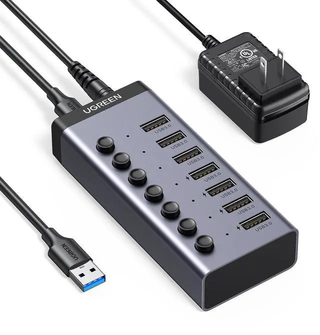 Main image of UGREEN Powered USB 3.0 Hub, 7-Port USB Adapter with 4 Smart Charging Ports, USB Splitter with Individual Led On/Off Switches and Power Adapter, USB Ports Extender for Laptop PC