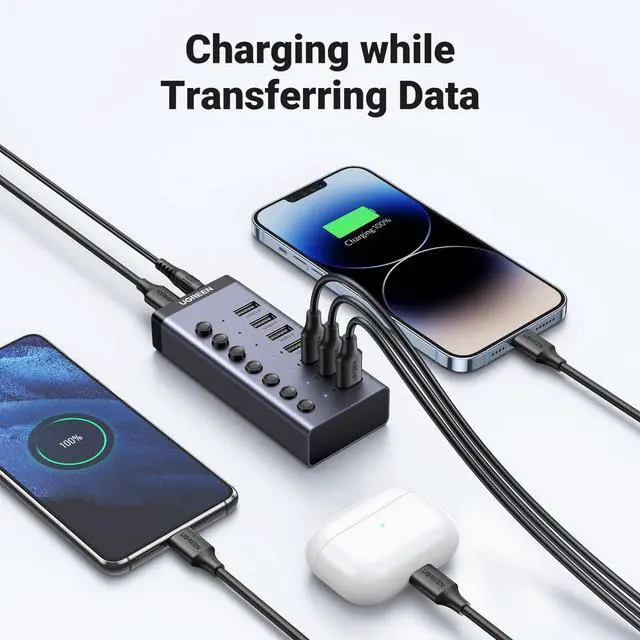 Alt view image 5 of 5 - UGREEN Powered USB 3.0 Hub, 7-Port USB Adapter with 4 Smart Charging Ports, USB Splitter with Individual Led On/Off Switches and Power Adapter, USB Ports Extender for Laptop PC