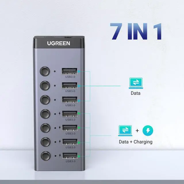 Alt view image 2 of 5 - UGREEN Powered USB 3.0 Hub, 7-Port USB Adapter with 4 Smart Charging Ports, USB Splitter with Individual Led On/Off Switches and Power Adapter, USB Ports Extender for Laptop PC