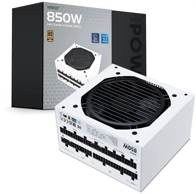 Main image of Vetroo 850W Power Supply Dual PCIe 5.1 ATX 3.1 Ready, 80 Plus Gold Full Modular, Quiet Operation with 120mm FDB Fan, 10-Year Warranty - White