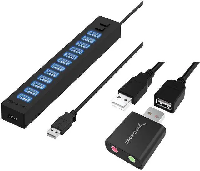 Main image of Sabrent 13 Port High Speed USB 2.0 Hub +Aluminum USB External Stereo Sound Adapter for Windows and Mac.