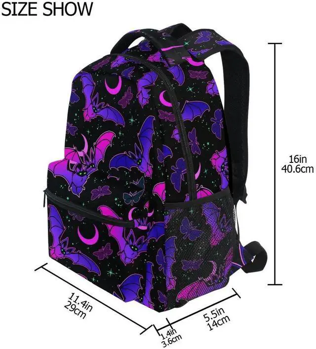Alt view image 2 of 5 - MNSRUU Student School Bag Purple Bat Gothic Backpack for Girls Boys College Bookbag Laptop Rucksack Travel Backpack for Adult Teen Casual Daypack