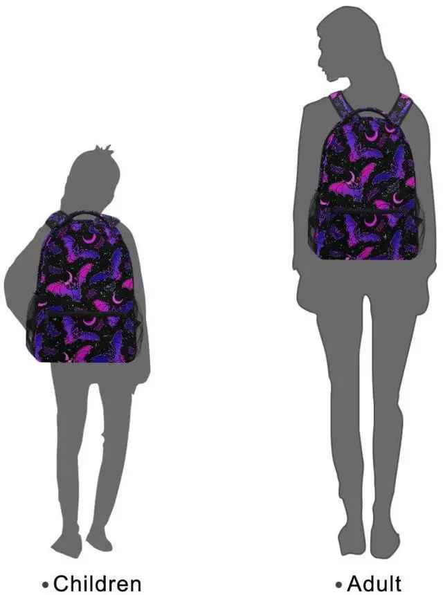 Alt view image 3 of 5 - MNSRUU Student School Bag Purple Bat Gothic Backpack for Girls Boys College Bookbag Laptop Rucksack Travel Backpack for Adult Teen Casual Daypack