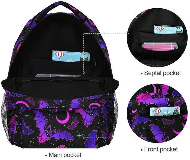 Alt view image 4 of 5 - MNSRUU Student School Bag Purple Bat Gothic Backpack for Girls Boys College Bookbag Laptop Rucksack Travel Backpack for Adult Teen Casual Daypack