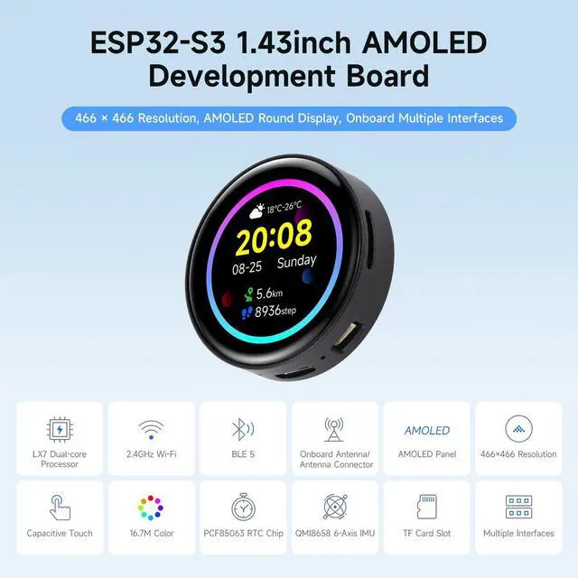Alt view image 3 of 5 - Waveshare ESP32-S3 1.43inch AMOLED Display Development Board, 466×466, QSPI Interface Round Display, Onboard Accelerometer and Gyroscope Sensor, RTC Chip, Without Case