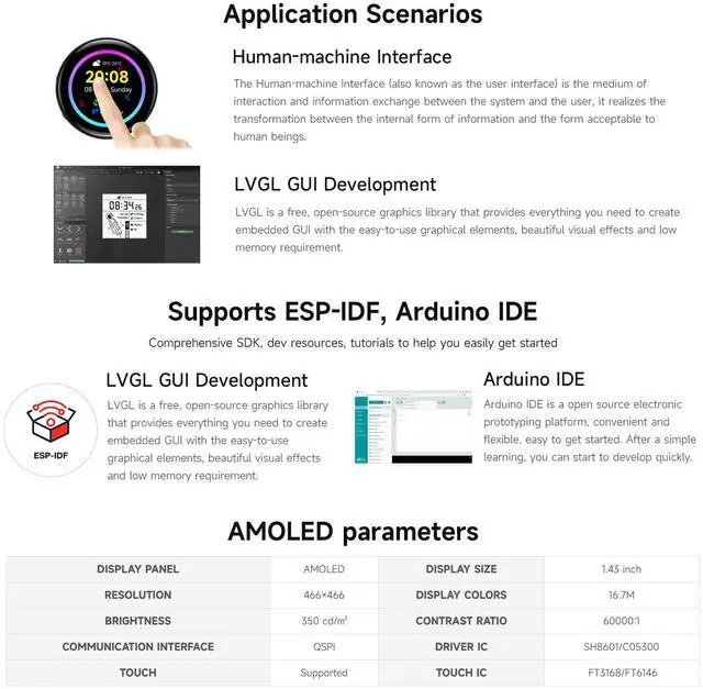 Alt view image 5 of 5 - Waveshare ESP32-S3 1.43inch AMOLED Display Development Board, 466×466, QSPI Interface Round Display, Onboard Accelerometer and Gyroscope Sensor, RTC Chip, Without Case