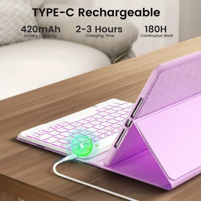 Alt view image 4 of 5 - OYEEICE Keyboard Case for iPad Air 11 inch (M2 2024)/10.9 inch Air 5th/4th Gen/iPad Pro 11 1st/2nd/3rd Gen - 7-Color Backlit Detachable Keyboard, Folio Cover with Pencil Holder - Purple