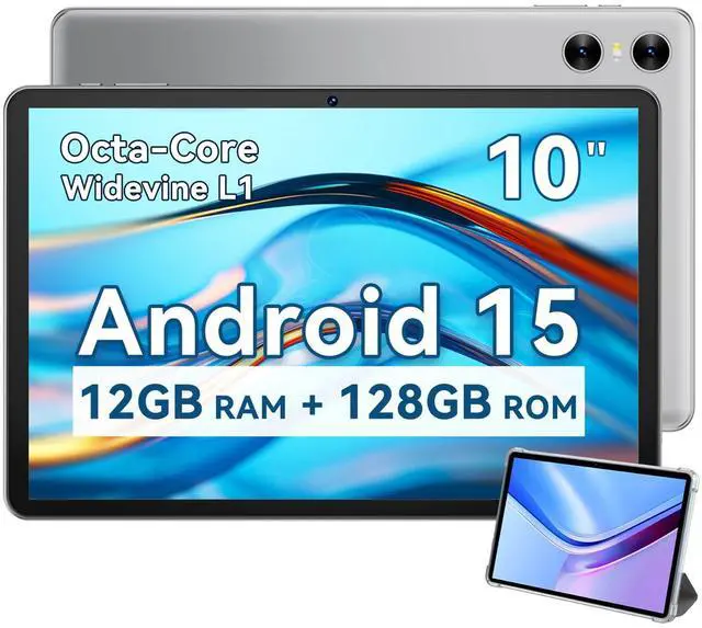Main image of Android Tablet 10 Inch, 2025 Android 15 Tablet for Kids Adults, Octa-Core, 12GB RAM 128GB Storage 1TB Expandable, Dual Cameras 8MP 2MP, Split Screen, 6000mAh GPS Dual Speakers Face Unlock WiFi- Gray