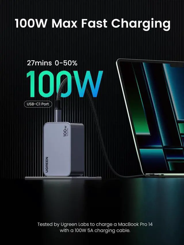 Alt view image 4 of 5 - UGREEN Nexode Pro 100W USB-C Charger Bundle with 2-Pack USB-C Cable for iPad Pro, iPhone 15 Pro/14, Galaxy S23/Note20