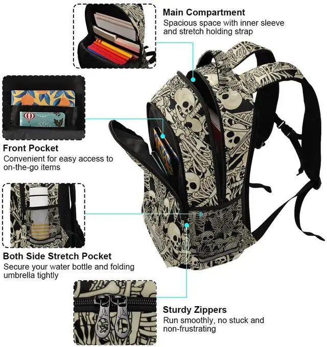 Alt view image 4 of 5 - Glaphy Gothic Skulls Skeletons Backpacks Laptop School Book Bag Lightweight Daypack for Women Men Teens Kids