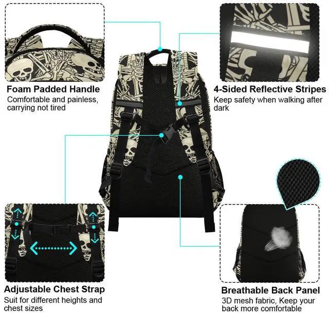 Alt view image 5 of 5 - Glaphy Gothic Skulls Skeletons Backpacks Laptop School Book Bag Lightweight Daypack for Women Men Teens Kids