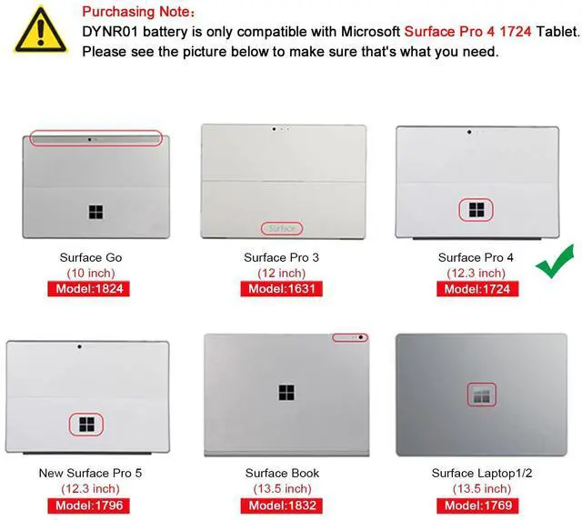 Alt view image 3 of 5 - Dentsing DYNR01 G3HTA027H Laptop Battery Compatible with Microsoft Surface Pro 4 1724 Tablet G3HTA026H 7.5V 38.2Wh 5087mAh with Tools