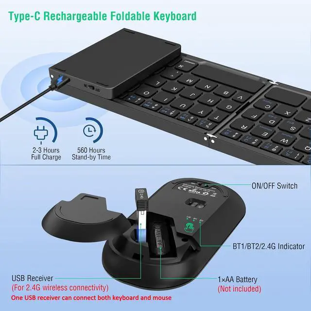 Alt view image 3 of 5 - Foldable Keyboard and Mouse, EDJO Folding Wireless Keyboard Mouse Combo with Portable Case, Rechargeable 2.4G+Bluetooth Multi-Device Combo for Windows, iOS, Android, MacOS PC/Laptop/Tablet