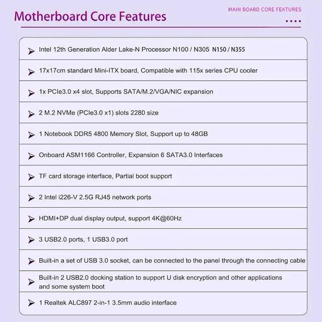 Alt view image 5 of 5 - N150 NAS Board N355 Mini ITX Motherboard Soft Routing 6Bay NAS DDR5 / 6 SATA3.0 /2M.2 NVMe for NAS Enthusiasts Building high-Capacity Storage Solutions (N355+Joe Fan)