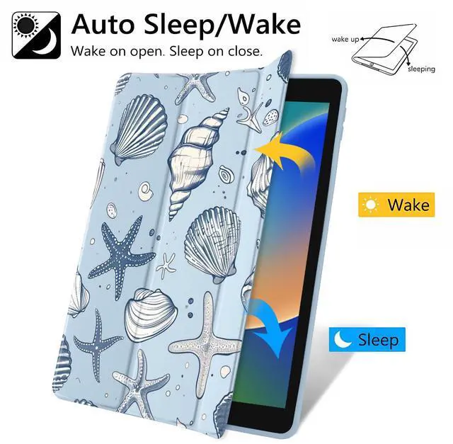 Alt view image 3 of 5 - JOYLAND Sea Shells Case for iPad (A16) 11th Gen 2025 11-inch/10th Gen 2022 10.9 inch, Clear Acrylic Hard Back Ice Blue Case with Pencil Holder Trifold Stand Tablet Cover for Women