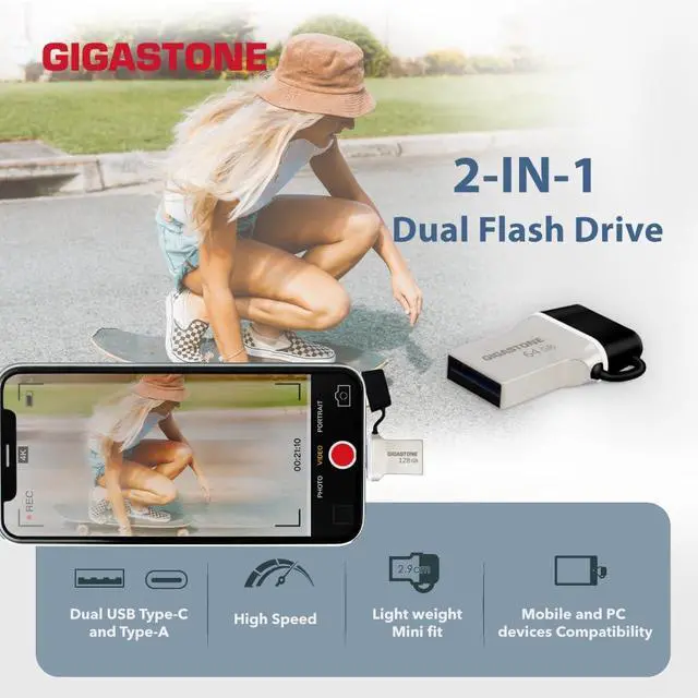 Alt view image 4 of 5 - GIGASTONE 32GB Nano Luxus Dual Drive (5 Pack) Z50 USB 3.2 Gen 1, 2-in-1 USB-A & Type-C, 100MB/s Ultra Fast, Cap Design, Metal, Plug & Play for Smartphone/PC/Mac/TV/Car, 2.0/3.0/3.1 Compatible