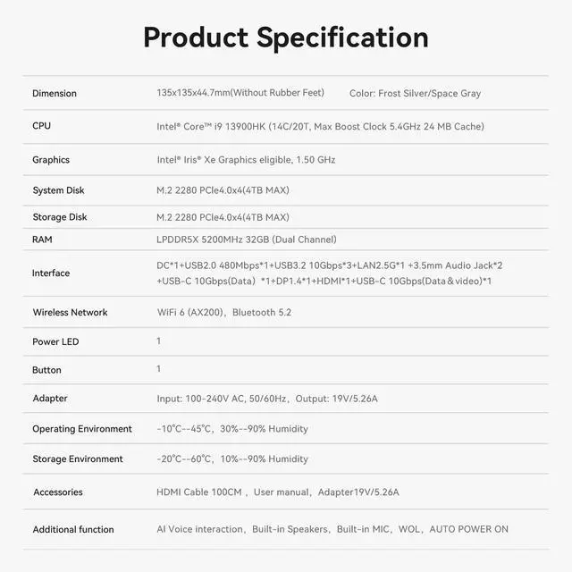 Alt view image 3 of 5 - Beelink SEI13 Mini PC with Intel Core i9-13900HK(14C/20T), 32GB DDR5, 1TB NVMe M.2 SSD, Triple Display 4K Output, 2.5G LAN, WiFi 6, Bluetooth 5.2 W-11 Mini Desktop Computer