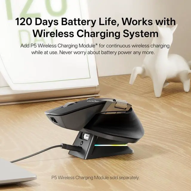 Alt view image 5 of 5 - Rapoo MT760 PRO Wireless Mouse, NearLink + Bluetooth 5.0 Multi-Device, 12K DPI, 2K Polling, Ergo for Work & Gaming, 11 Programmable Buttons, On-Board Memory, Quiet Clicks, USB-C, 120 Days Battery Life