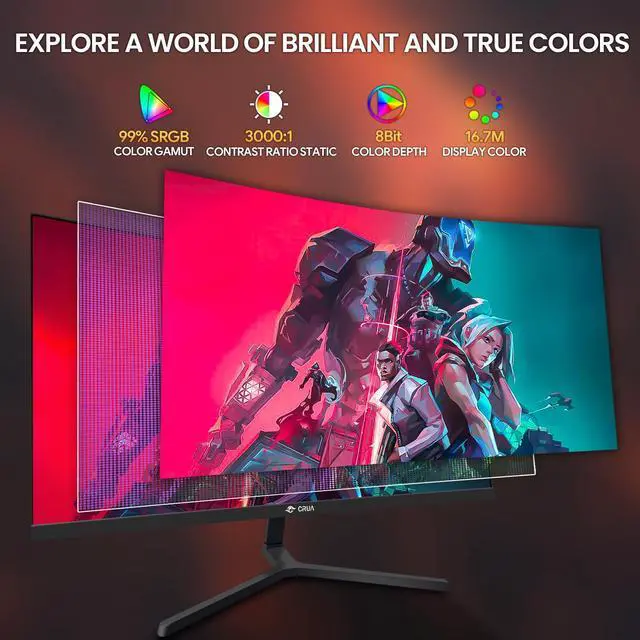 Alt view image 4 of 5 - CRUA 24 Inch Curved Gaming Monitor, 144hz/165hz FHD 1080P Frameless Computer Monitor, PC Monitors Support AMD Freesync, 99% sRGB, DP, HDMI, Compatible Wall Mountable Installs-Black