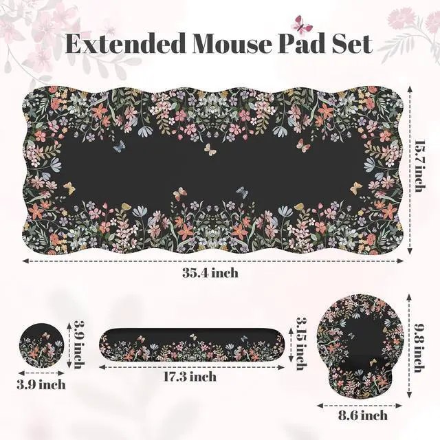 Alt view image 2 of 5 - iLeadon Large Mouse Pad for Desk, Floral Desk Mat, Ergonomic Mousepad with Wrist Support, Smooth Gaming Desk Mat, Non Slip Desk Pad for Keyboard and Mouse (Black)