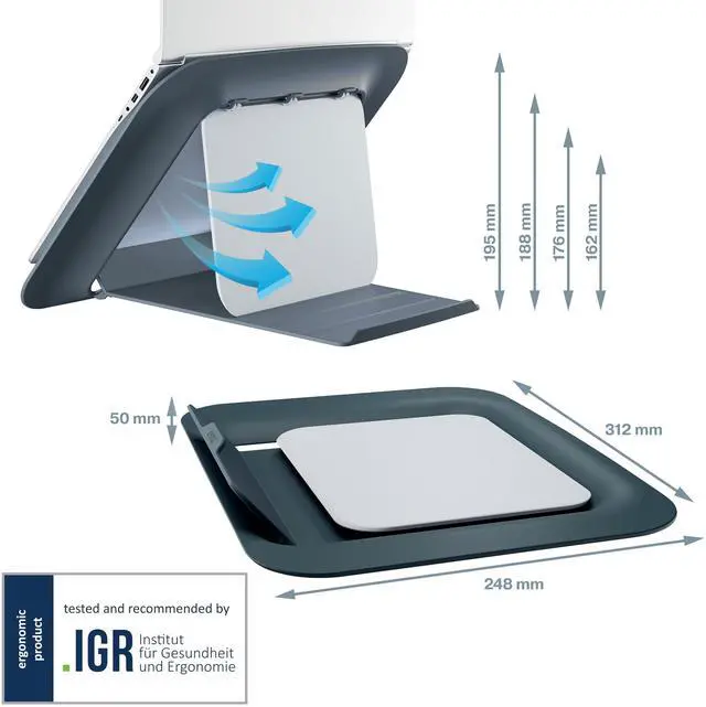 Alt view image 4 of 5 - Leitz Adjustable Laptop Stand, Desktop/Tabletop Riser Stand, Compact Laptop Holder with 4 Heights, Ergo Cosy Range, Velvet Grey, 64260089