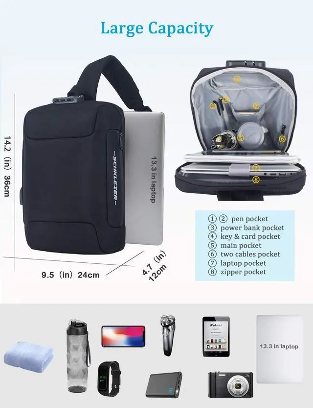 Alt view image 4 of 5 - Schkleier Sling Bag USB Anti-theft Laptop Backpack, 13.3 Inch Casual Chest Shoulder Daypack for Men and Women
