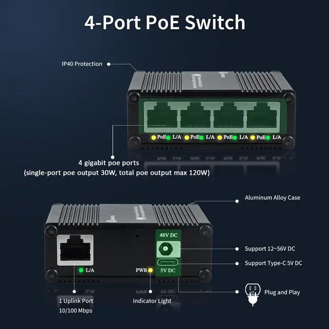 Alt view image 2 of 5 - ENIANHUA Mini 5 Port Gigabit PoE+ Switch, Unmanaged Gaming Switch, Unmanaged PoE Switch, Network Hub, Plug & Play, Desktop, Sturdy Aluminum Housing