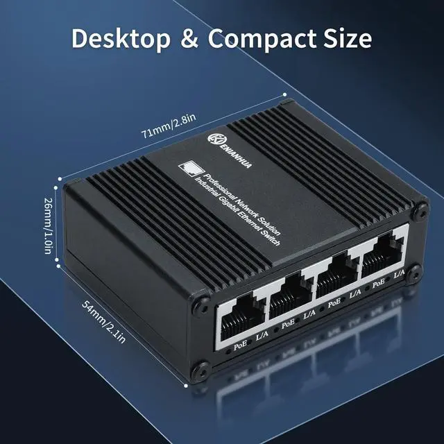 Alt view image 5 of 5 - ENIANHUA Mini 5 Port Gigabit PoE+ Switch, Unmanaged Gaming Switch, Unmanaged PoE Switch, Network Hub, Plug & Play, Desktop, Sturdy Aluminum Housing