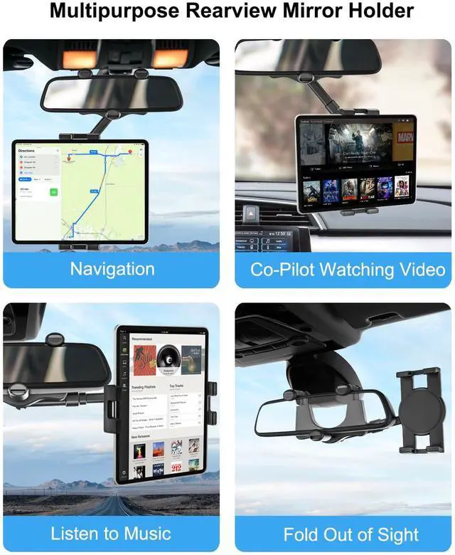 Alt view image 3 of 5 - woleyi Rearview Mirror Tablet Holder for Car, Rear View Mirror Car Tablet Mount, 360° Rotatable Adjustable Universal Clip, for iPad Pro Air Mini, iPhone, Galaxy Tabs, Z Fold, Fire HD, 4.7-13" Devices