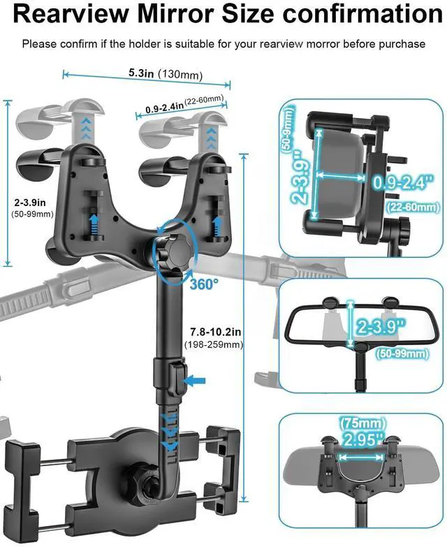 Alt view image 4 of 5 - woleyi Rearview Mirror Tablet Holder for Car, Rear View Mirror Car Tablet Mount, 360° Rotatable Adjustable Universal Clip, for iPad Pro Air Mini, iPhone, Galaxy Tabs, Z Fold, Fire HD, 4.7-13" Devices