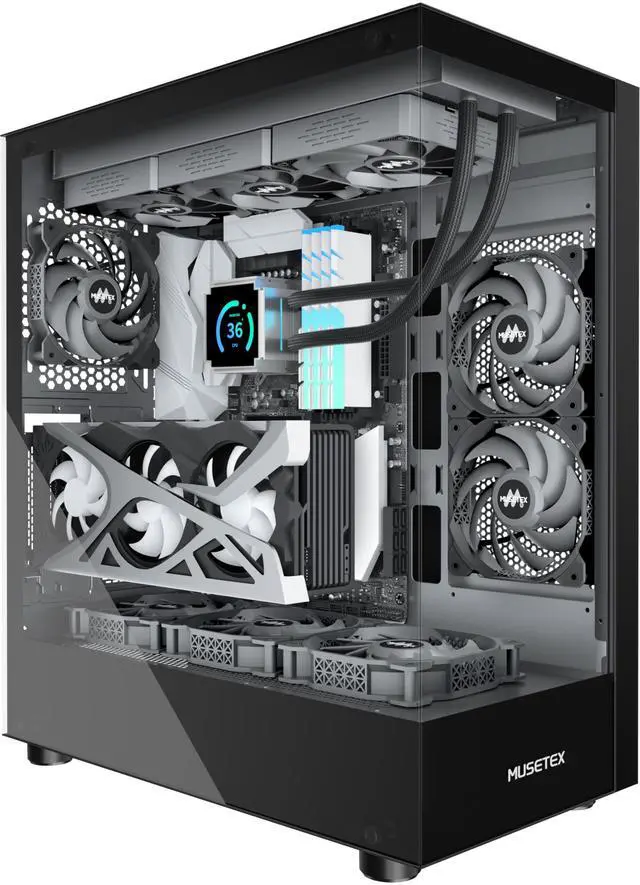 Main image of MUSETEX K2 PC Case, Computer Case 360MM RAD Support, Type-C Black ATX Case for PC, Full-View Dual Tempered Glass Mid Tower Case with 3 Non-LED Fans, Desktop Pc Gaming Case
