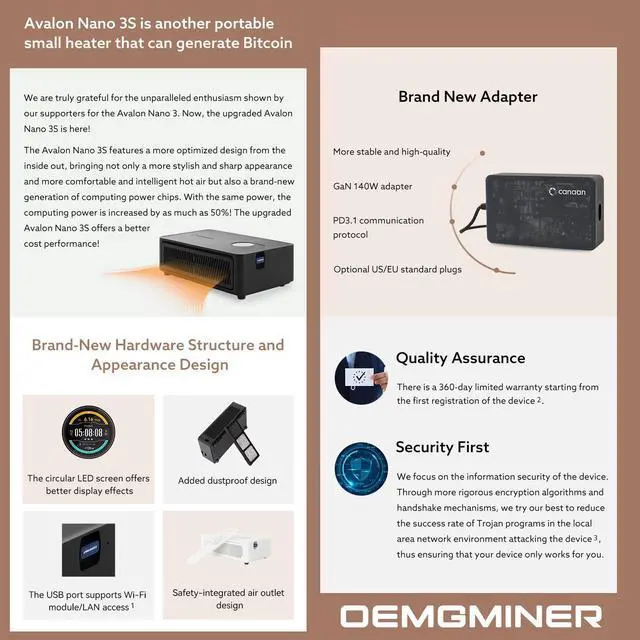 Alt view image 3 of 5 - New Canaan Avalon Nano 3S BTC Miner - 6 TH/s 140W Bitcoin ASIC Miner - Quiet with Canaan Original Power Supply - Supports Solo Mining & Stake Pool for Office and Home Use