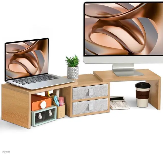 Main image of TEAMIX 42 inch Dual Monitor Stand Riser with 2 Drawers- Length and Angle Adjustable 3 shelf Riser with Storage Desk Organizer Computer Monitor Stand for 2 Monitors/Laptop/PC,Screen/TV Stand Riser