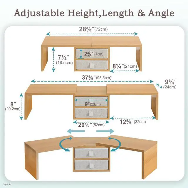 Alt view image 3 of 5 - TEAMIX 42 inch Dual Monitor Stand Riser with 2 Drawers- Length and Angle Adjustable 3 shelf Riser with Storage Desk Organizer Computer Monitor Stand for 2 Monitors/Laptop/PC,Screen/TV Stand Riser