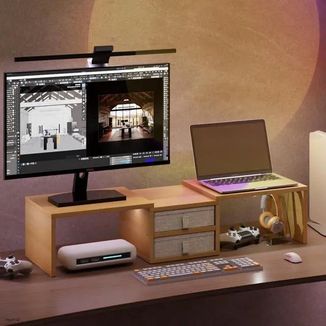 Alt view image 5 of 5 - TEAMIX 42 inch Dual Monitor Stand Riser with 2 Drawers- Length and Angle Adjustable 3 shelf Riser with Storage Desk Organizer Computer Monitor Stand for 2 Monitors/Laptop/PC,Screen/TV Stand Riser
