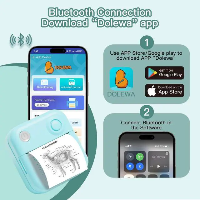 Alt view image 2 of 5 - LAIBEAR Sticker Printer with 7 Rolls Paper, Portable Mini Sticker Maker Bluetooth Thermal Printer for Photos, DIY,Crafts,Journal,Study,Work, Compatible Phone&Tablet (Blue)
