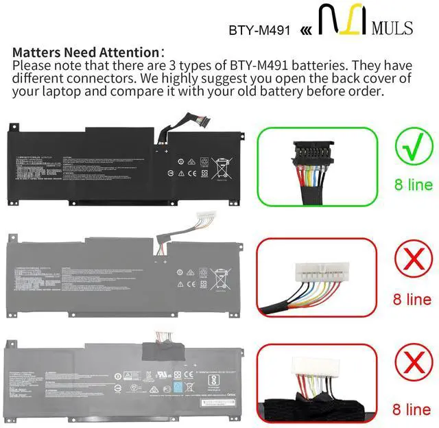 Alt view image 2 of 5 - BTY-M491 Laptop Battery Replacement for MSI Modern 15 A10M A10RAS A10M-028DE A10M-029 A10RAS-076FR A10RB A10RB-041TW A10RD A11M A11SB A4M A4MW Summit B15 A11M Stealth 15M (Black Connector 8 Wires)