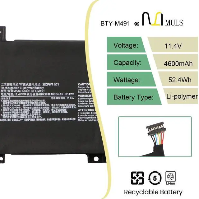 Alt view image 3 of 5 - BTY-M491 Laptop Battery Replacement for MSI Modern 15 A10M A10RAS A10M-028DE A10M-029 A10RAS-076FR A10RB A10RB-041TW A10RD A11M A11SB A4M A4MW Summit B15 A11M Stealth 15M (Black Connector 8 Wires)