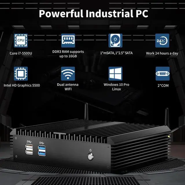 Alt view image 2 of 5 - Thdeukoty Fanless Industrial Mini PC, Desktop Computer Core i7-5500U Windows 10 Pro, 16GB RAM 512GB SSD, 2xNICs, 2*COM RS232, 4xUSB3.0, Dula-Band WiFi, HDMI/VGA Ports, Gigabit LAN, Auto Power On