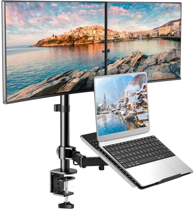 Main image of HUANUO Laptop Mount, Height Adjustable Dual Monitor Mount with Laptop Keyboard Tray Fit Two 13 to 27 Inch Flat Curved Computer Screens and 10 to 17 Inch Notebooks