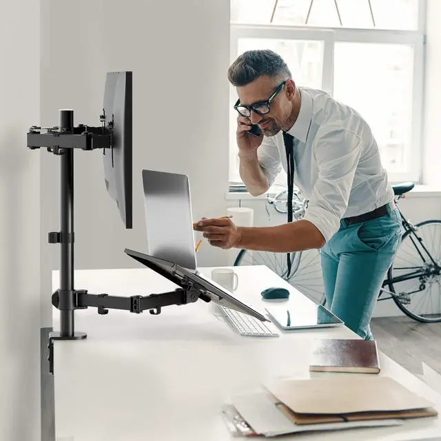 Alt view image 2 of 5 - HUANUO Laptop Mount, Height Adjustable Dual Monitor Mount with Laptop Keyboard Tray Fit Two 13 to 27 Inch Flat Curved Computer Screens and 10 to 17 Inch Notebooks