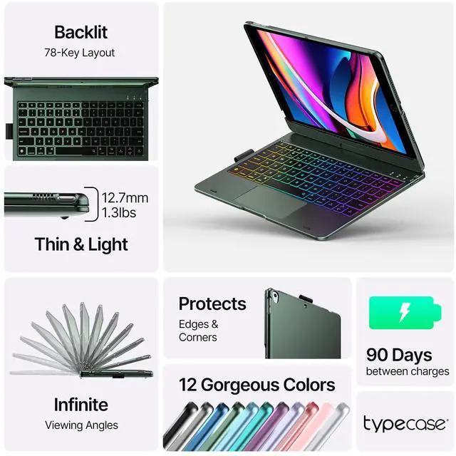 Alt view image 3 of 5 - typecase Touch iPad 9th Generation Case with Keyboard (10.2", 2021), Multi-Touch Trackpad, 10 Color Backlight, 360° Rotatable, Thin & Light for iPad 8th Gen, 7th Gen, Air 3, Pro 10.5 (Midnight Green)