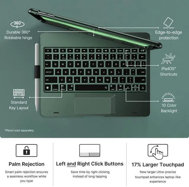 Alt view image 5 of 5 - typecase Touch iPad 9th Generation Case with Keyboard (10.2", 2021), Multi-Touch Trackpad, 10 Color Backlight, 360° Rotatable, Thin & Light for iPad 8th Gen, 7th Gen, Air 3, Pro 10.5 (Midnight Green)