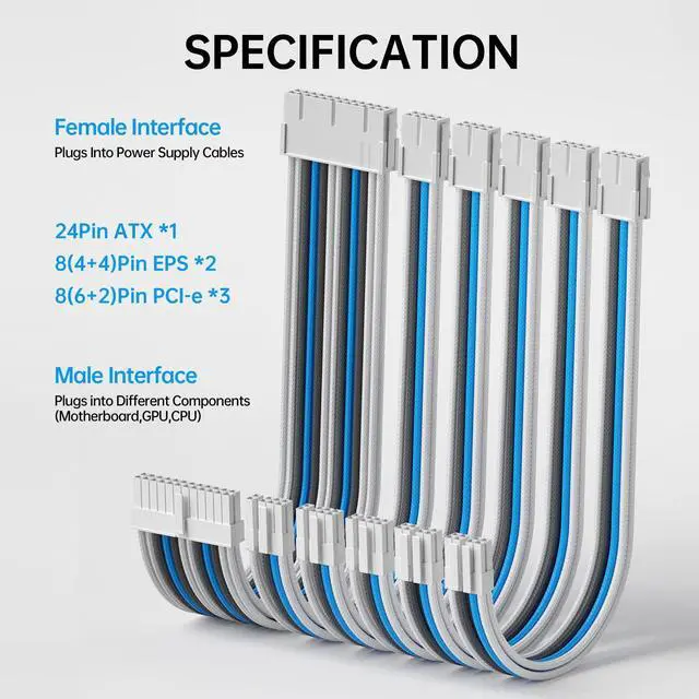 Alt view image 3 of 5 - Asiahorse Customization Mod Sleeve Extension Power Supply Cable Kit 16AWG ATX/EPS/8-Pin PCI-E/6-pin PCI-E (Mix Color, Blue-White)