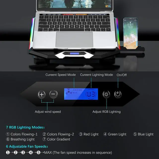 Alt view image 5 of 5 - TopMate C11 Laptop Cooling Pad RGB Gaming Notebook Cooler, Laptop Fan Stand Adjustable Height with 6 Quiet Fans and Phone Holder, Computer Chill Mat, for 15.6-17.3 Inch Laptops - Blue LED Light